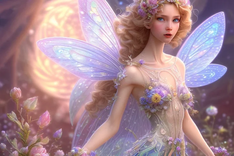 one very little beautiful fairy above one big crystal subtle flower in a galactic ambiance, transparent petals, delicate colors, in the foreground, full of details, smooth, bright sunshine，soft light atmosphere, light effect，vaporwave colorful, concept art, smooth, extremely sharp detail, finely tuned detail, ultra high definition, 8 k, unreal engine 5, ultra sharp focus