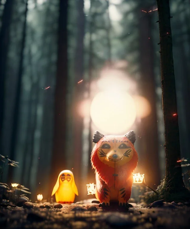 Wes Anderson photographer, night forest, Ultra realistic matryoshka, Japanese style, wide angle view, magic, fireflies, soft color, highly detailed, unreal engine 5, ray tracing, RTX, lumen lighting, ultra detail, volumetric lighting, 3d, finely drawn, high definition.