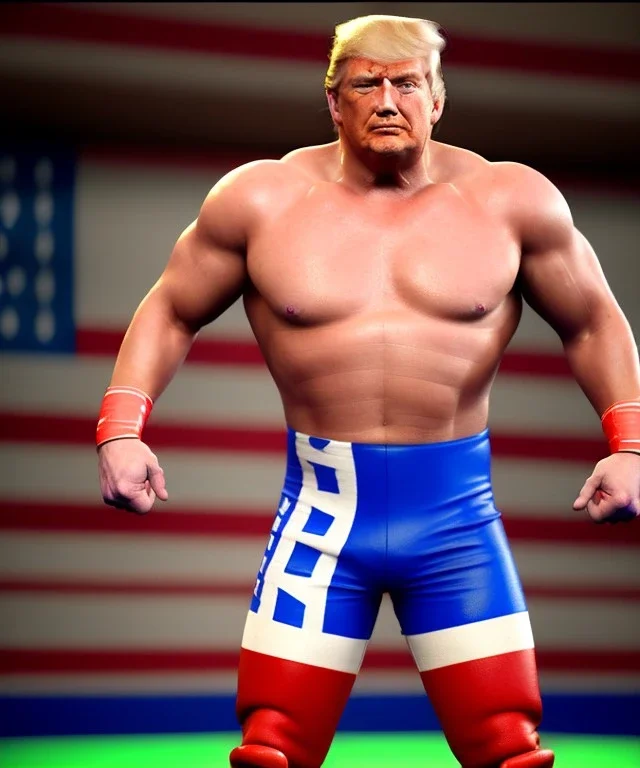 Realistic image of Donald trump wrestler, Mexican wrestling style, eye liner, red and blue breeches, glow us flag dress, suspenders, retro style, 80s, vibrant color, highly detailed, clean background, concept art, unreal engine 5, god rays, ray tracing, RTX, lumen lighting, ultra detail, volumetric lighting, 3d, finely drawn, high definition, high resolution.