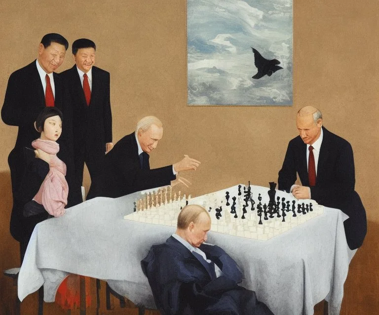 Putin, President Xi Of China And Joe Biden Play Chess With A Pigeon,Complex Surgical Instruments,A Newborn Boy,Minimalism,Painting By Lucian Freud,Rene Magritte,Adrian Ghenie,Michelangelo,Salvador Dali,Pablo Picasso