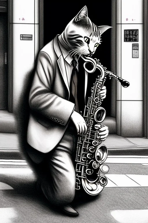 One single mature cat playing saxophone on the street, Osaka, thoughtful, mourning, model style, hyper realistic, extremely accurate, delicate, extremely detailed, Graphic novel style, wide-angle, open aperture, superfine pencil