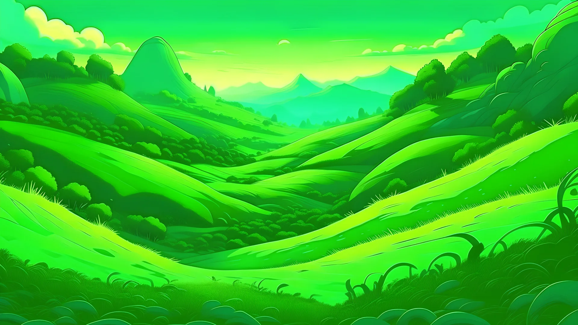 fantasy cartoon style illustration: green hills of the emerald isle