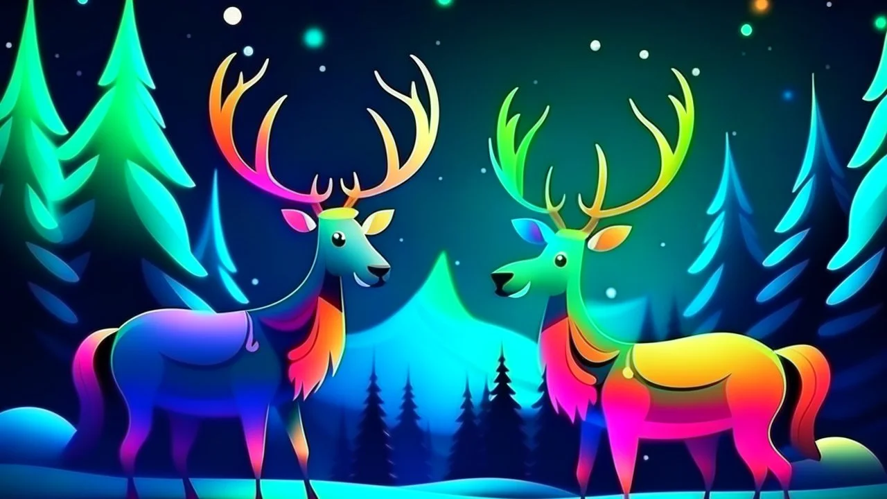 fantasy cartoon illustration: reindeers are looking Norther lights during Christmas party