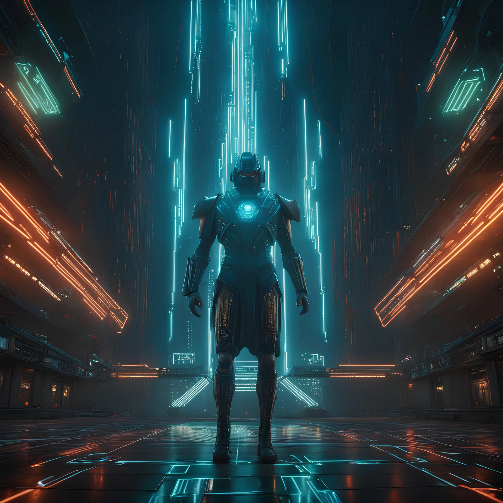evil giant hologram that looks similar to the bladerunner hologram, regime controlled by the ai, superior perspective, surreal, camera looking up, 8k , masterpiece, dark, evil, hologramm, ai, cables, epic, Hologramm, cyber like, cyberpunk, futuristic, sauron