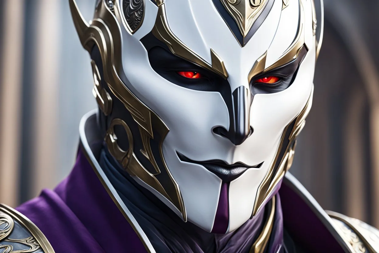 Jhin in 8k live action artstyle, white mask, close picture, intricate details, highly detailed, high details, detailed portrait, masterpiece,ultra detailed, ultra quality