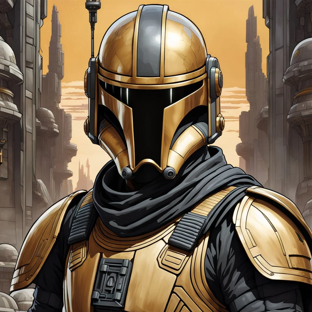 star wars bald male corellian pilot wearing pearlescent black and gunmetal grey First Order special forces heavy assault stealth commando armor and helmet with gold trim inside the jedi temple, hyperdetailed, dynamic lighting, hyperdetailed background, 8k resolution, volumetric lighting, light skin, fully symmetric details