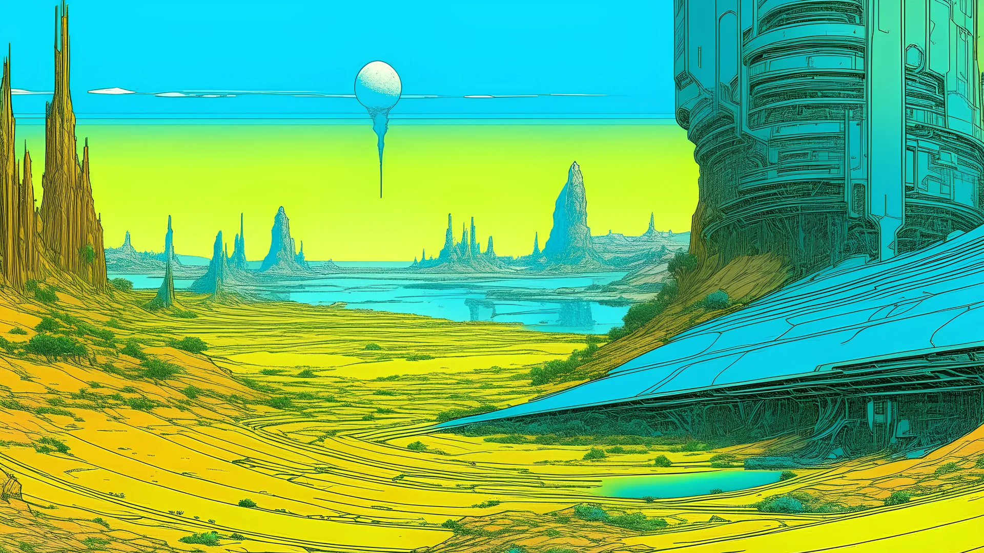 Futuristic serigraphy by Moebius of a person surround by a digital landscape.