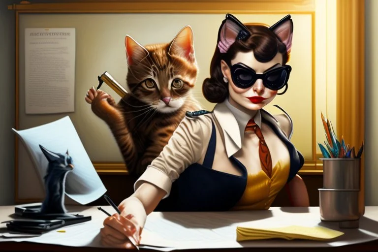 kitten brunette woman secret agent joker in an office in sunshine, very detailed, oil painting