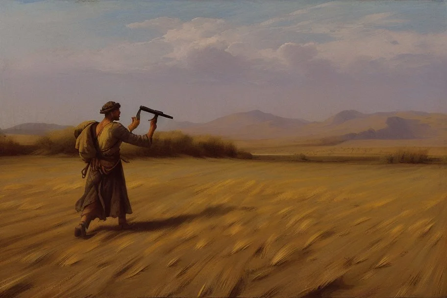 man with the gun walking among dry field by andrea del sarto