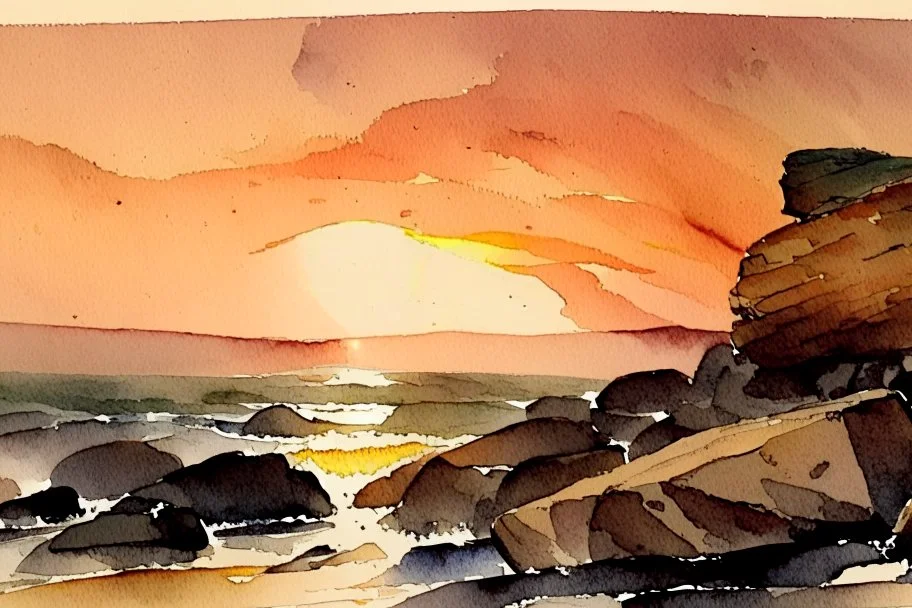 Sunset, rocks, mountains, rocky land, epic, winslow homer watercolor paintings