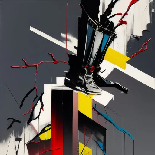 Minimal abstract oil painting of a falling person limbs sinew twisted .triadic colour. Amongst concrete fragments brutalist architecture and hanging wires illuminated at night. In the style of Justin Mortimer and Phil Hale and Ashley Wood