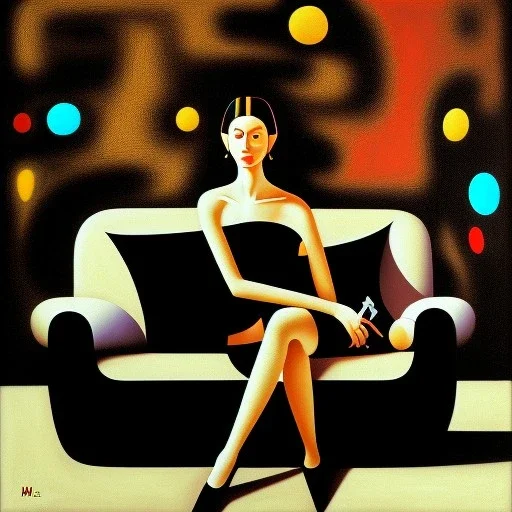 oil portrait of a Woman sitting in a black sofa by Joan Miró 8k