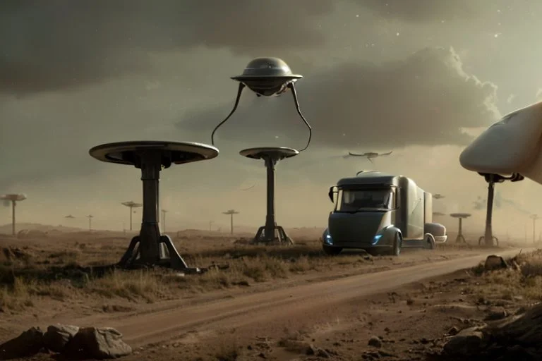 A Tesla 'Semi' (semi truck) is parked, in the battle against Martians of "The War of the Worlds". (CINEMATIC, WIDE ANGLE LENS, PHOTO REAL)