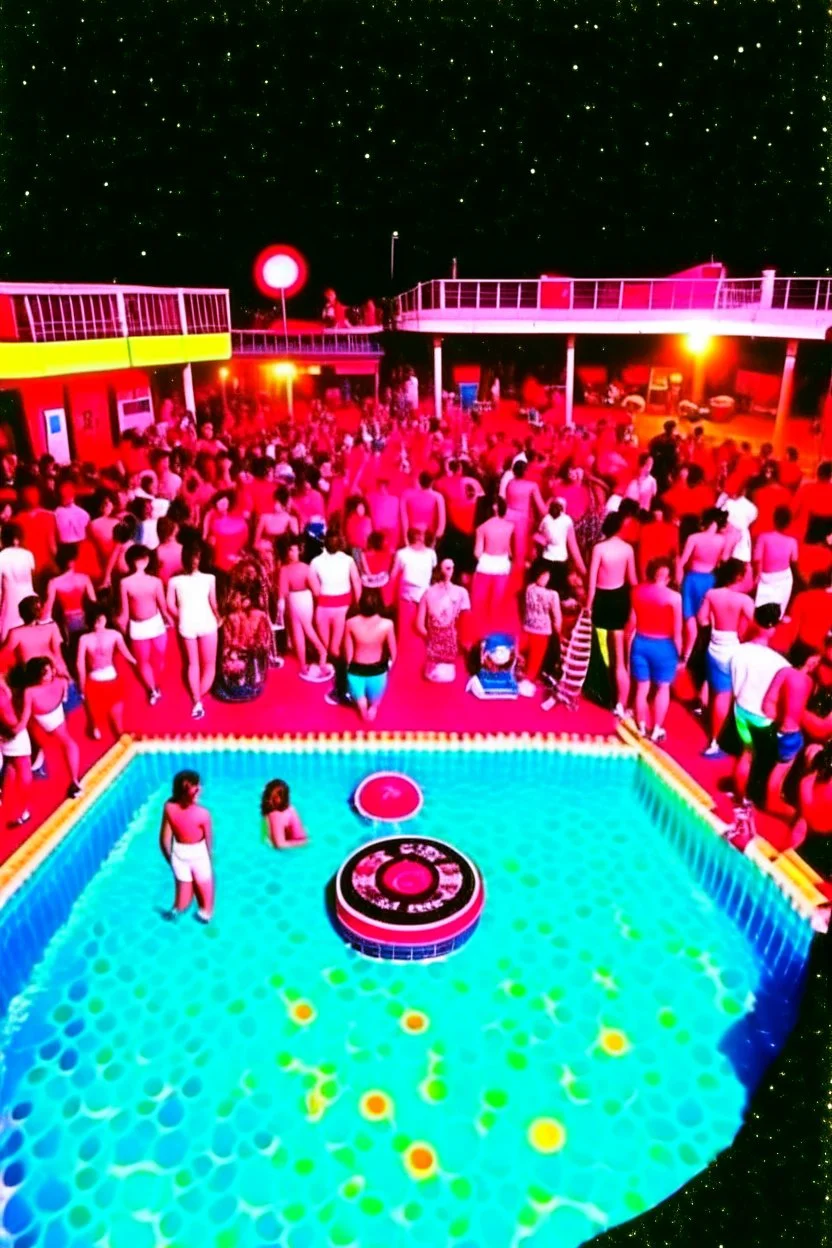 techno rave party in 80's with swimming pool on the moon full