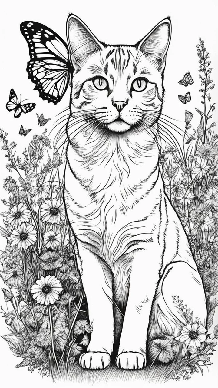 Love cat , love dog , add a butterfly on a wild flowers to this picture thin line draw