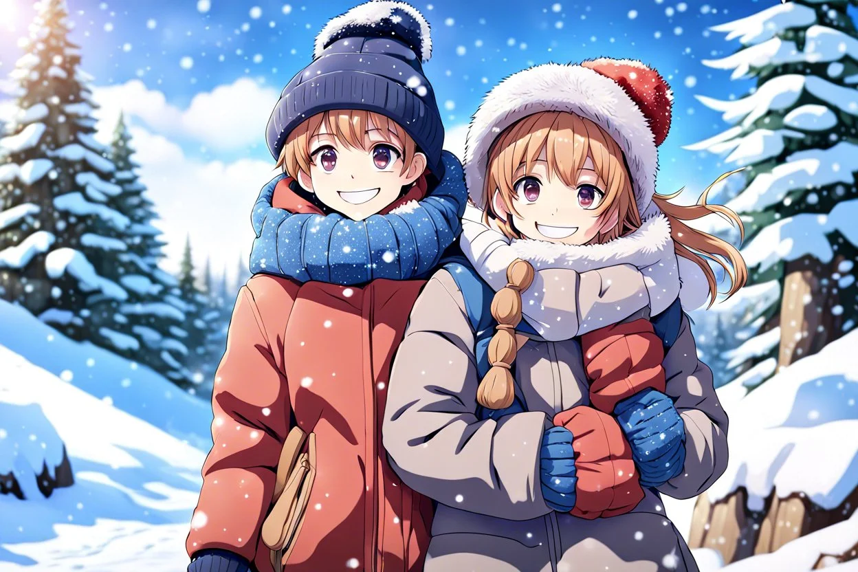 cute detalied anime from one boy and one girl dressed warmly in coats and hats, enjoying a day out in the snow together. The boy is carrying the girl on his back, They are both smiling and embracing the cold weather, showcasing a strong connection between the two, winter scene, detalied, high 3d anime, aesthetic design, snowy landscape, beautiful shot, stunning, cinematic