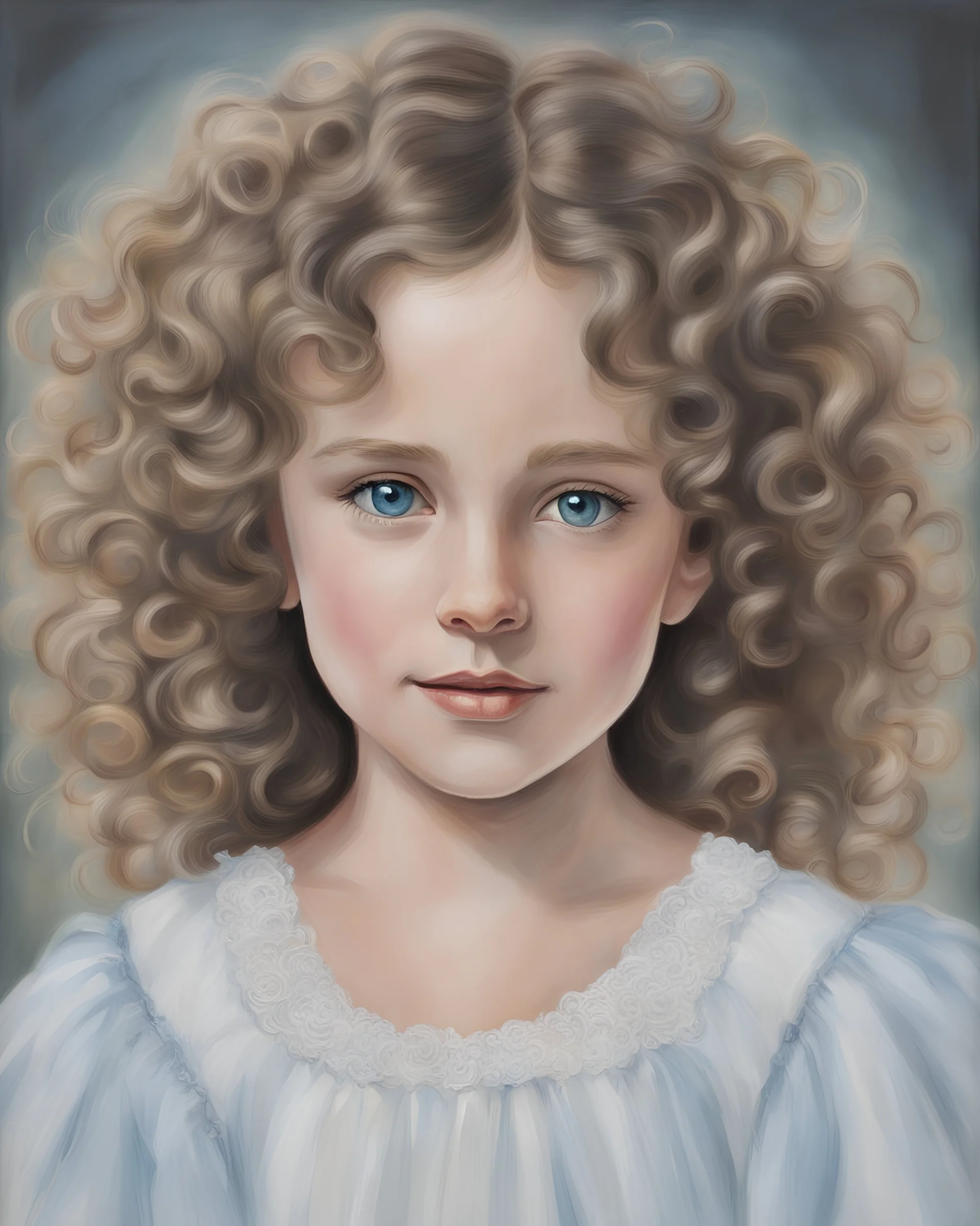 self portrait of brunette curly 11 year old with blue eyes and white dress