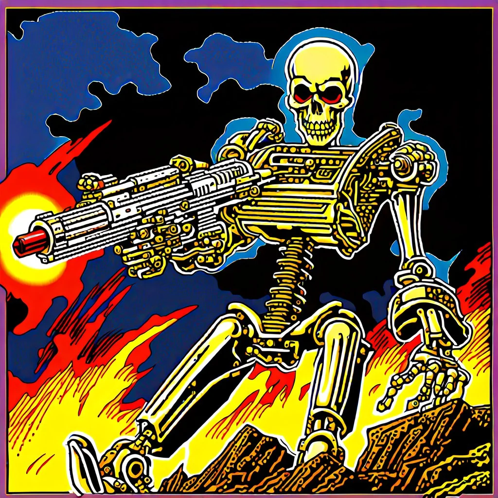 90's TCG art retro fantasy art of skeleton robot firing machine gun