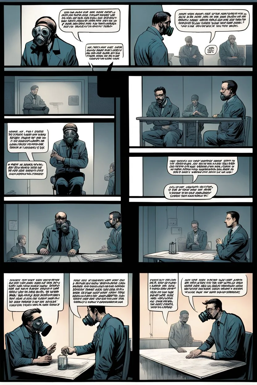a page divided into 6 rectangular panels, each with different views of a man strapped to a chair and being interrogated by a man standing with a gas mask on, lower and higher perspectives, front and back, overhead light, suspenseful torture graphic novel, comic book