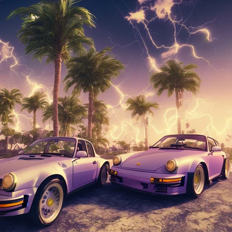 1980's aesthetic vaporwave palm trees and spheres and Porsche with lightning