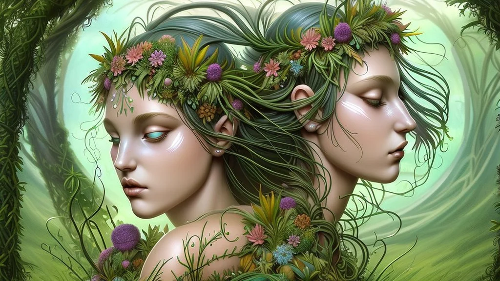 Fantasy digital illustration: a goddess of nature. Her body is covered in lush flora and trees; clusters of flowers adorn her grassy hair similar to a headdress. Her entire body appears to be made of the land itself, with a flowing "dress" made of plants and flora.