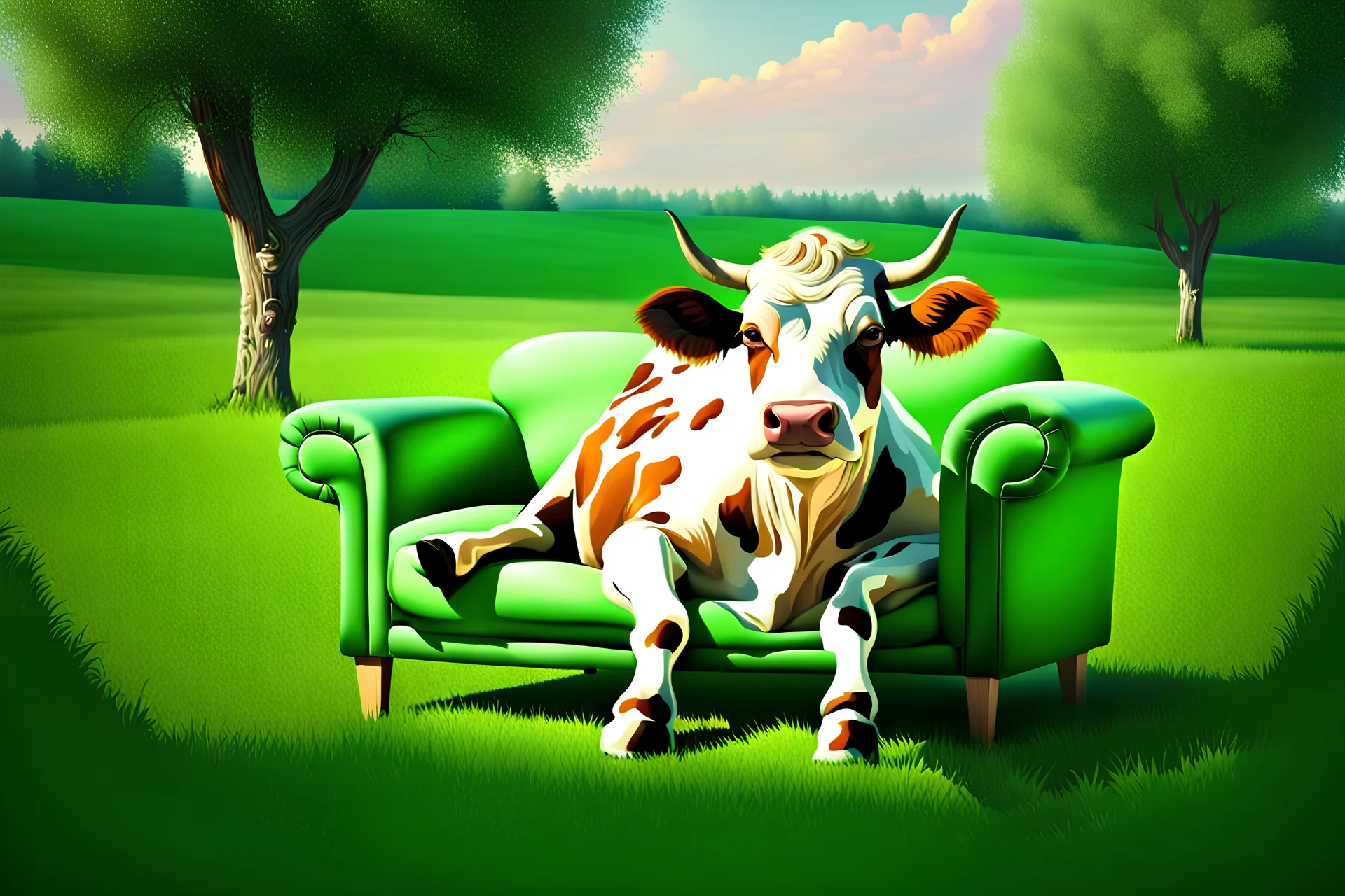 A cow sitting on an armchair in large green field , soft colors. Photorealistic