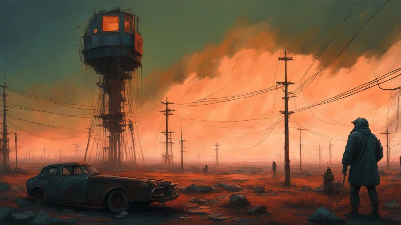 Strange surreal world, techno gothic, post apocalyptic art, neo cyberpunk renaissance, Science fiction painting, Denis Sarazhin Simon Stålenhag, Nicolas Bruno, sinister vibes, harsh survivalism, Peter Sallesen, Hamish Frater, ominous sky