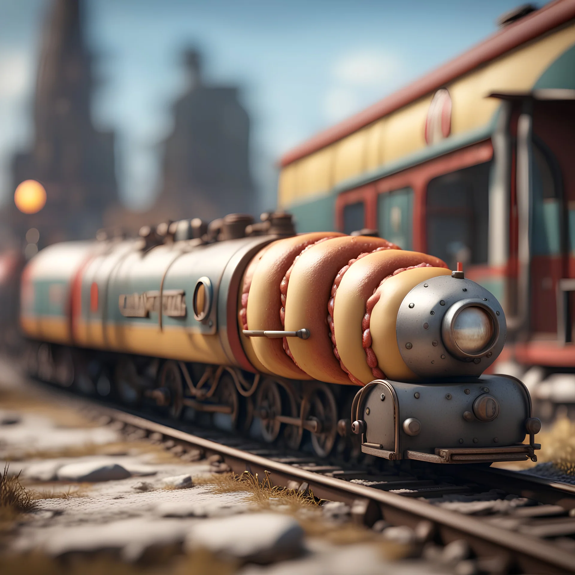 old train that looks like a hot dog wearing monocle, in the style of a fallout 4,bokeh like f/0.8, tilt-shift lens 8k, high detail, smooth render, down-light, unreal engine, prize winning