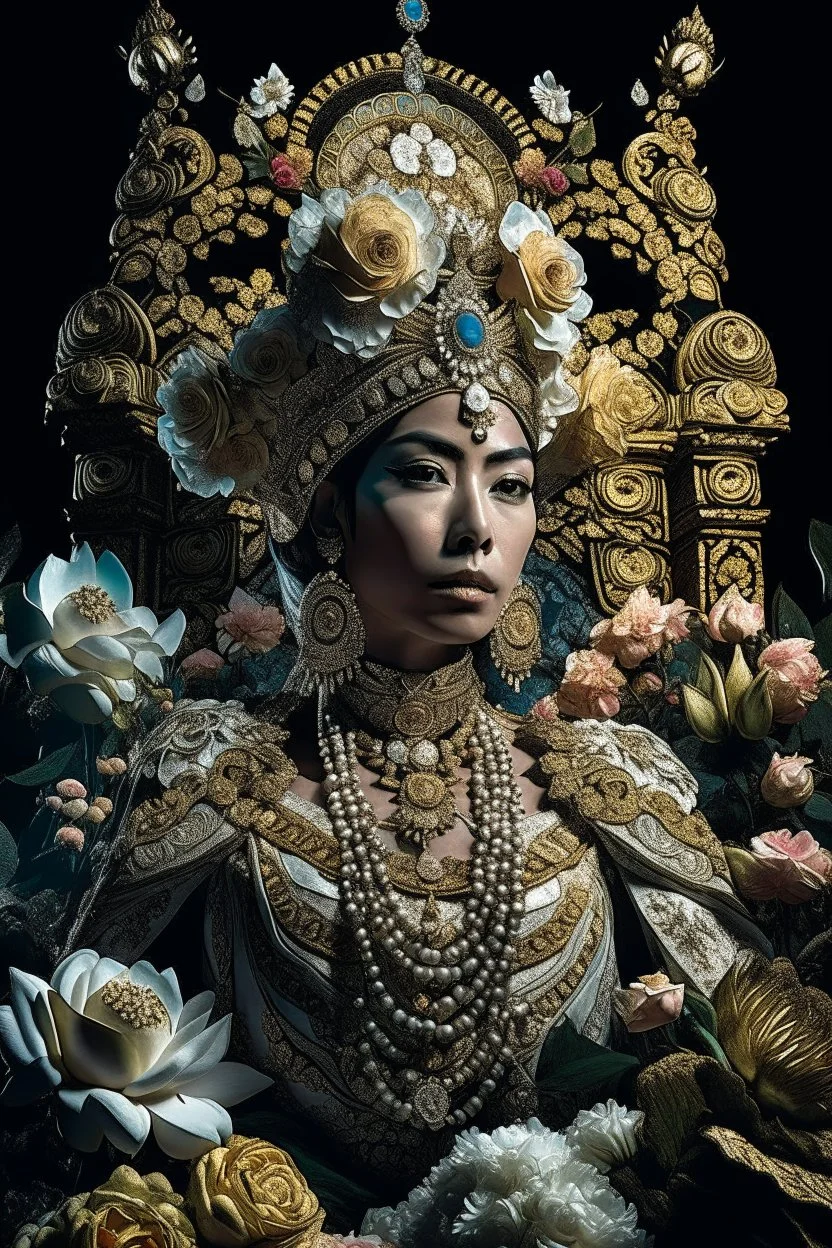 Fhoto half body, angle Raw, maskulin face Indonesia King front view portrait, adorned with giant Jasmine, and lily flower ,roses , golden pearls , zafir gemstone headress, culture ornament, wearing floral, lace, pearls, zafirs ornate Iranian costume, organic bio spinal ribbed detail of Iranian style full jasmin and rose and persian garden background by the moonlight extremely detailed hyperrealistic, by addie digi, maximalist portrait art.