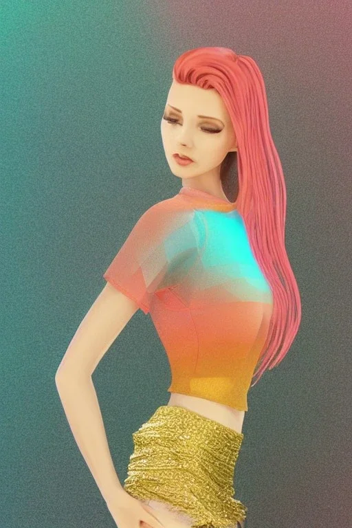 isometric clean art of super beautiful lady, soft lighting, shin hanga high definition, blender 3d, beautiful, long hair, gold filigree blonde hair, skin-tight metallic orange and teal cropped top and miniskirt, volumetric photorealistic rainbow gouache background