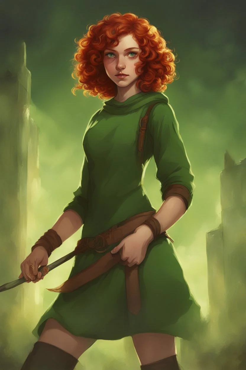 fifteen-year-old girl with short, blood-red curls, green eyes, dressed in a green tunic