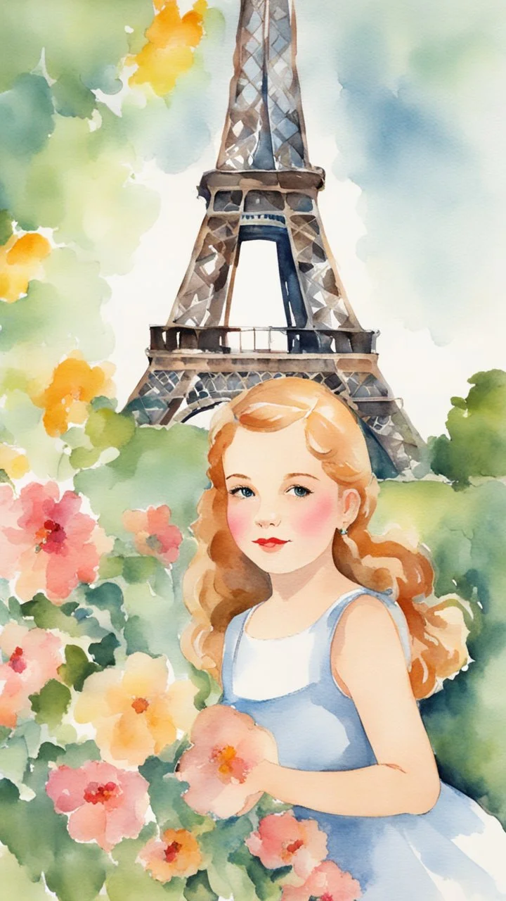 Anne Shirley, vintage, 10 years old, summer, pretty face, beautiful flowers, Eiffel Tower in the background, flowers, colorful, watercolor, watercolor painting, beautiful painting, watercolor detailed art, post card