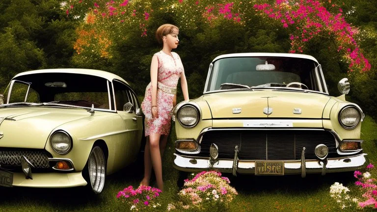 A mysterious place, a classic car, two women, among flowers