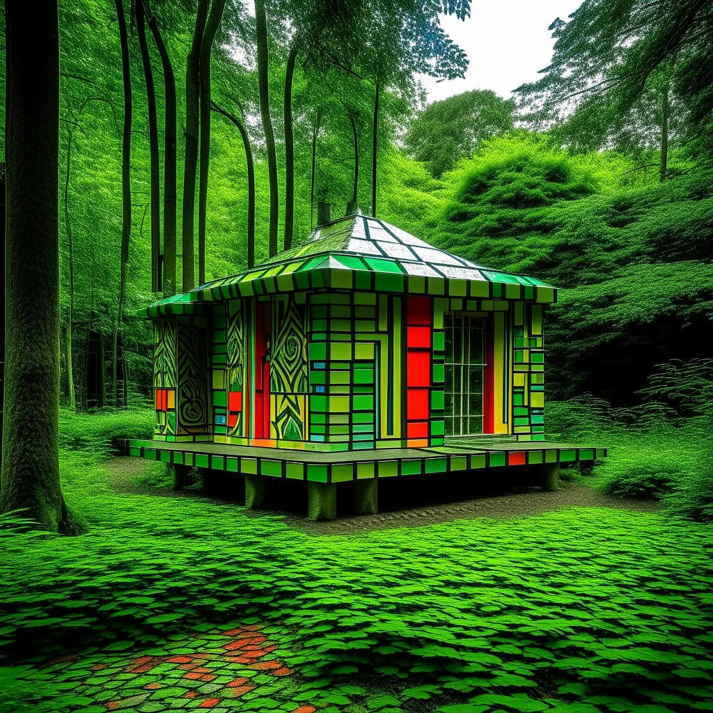 A green forest with a cottage designed in Maori sculptures painted by Piet Mondrian