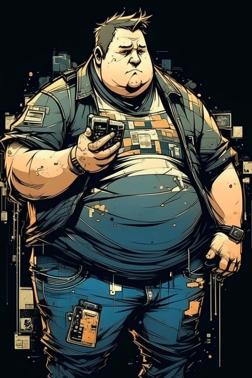 fat boy, , , cyberpunk, holding a cellphone, comic book art style, geek, engineer, t-shirt, jeans, drug addict, ,