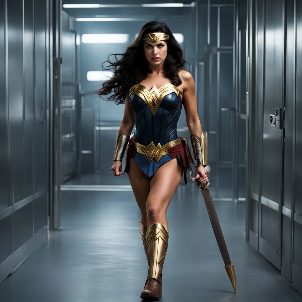 Wonder Woman regained enough willpower to try to escape the facility, poorly disguised as a lab tech. Still weak from recent "treatments", she was quickly overpowered and bound with her own lasso.