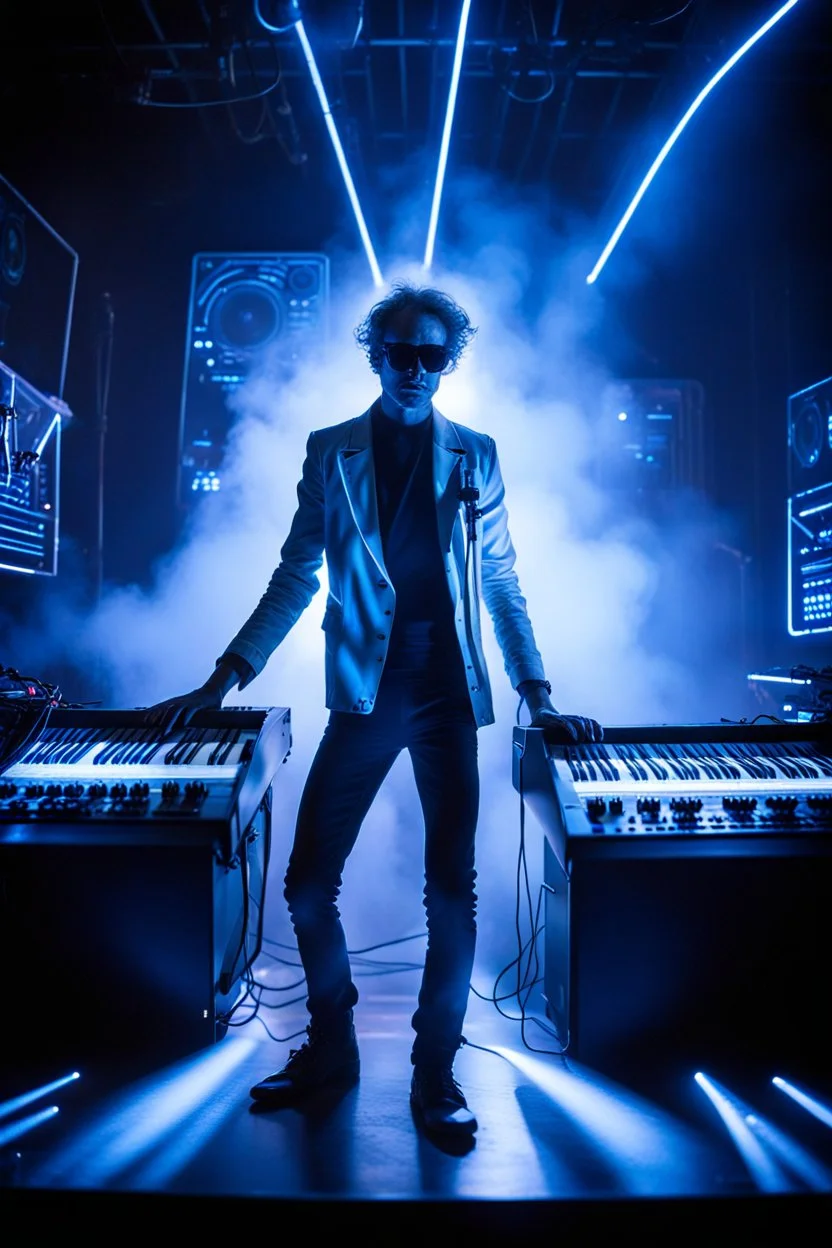 French cool synth player, he is called "Jean-Maurice Brûlée" performing at dance club, his name is "Jean-Maurice Brûlée" , white and blue Neon lights and smog, and "URANIUM" big sign on the wall, he is playing on synthesizers on stage with lot of laser beams and wearing black sunglasses, an earth is projected in background