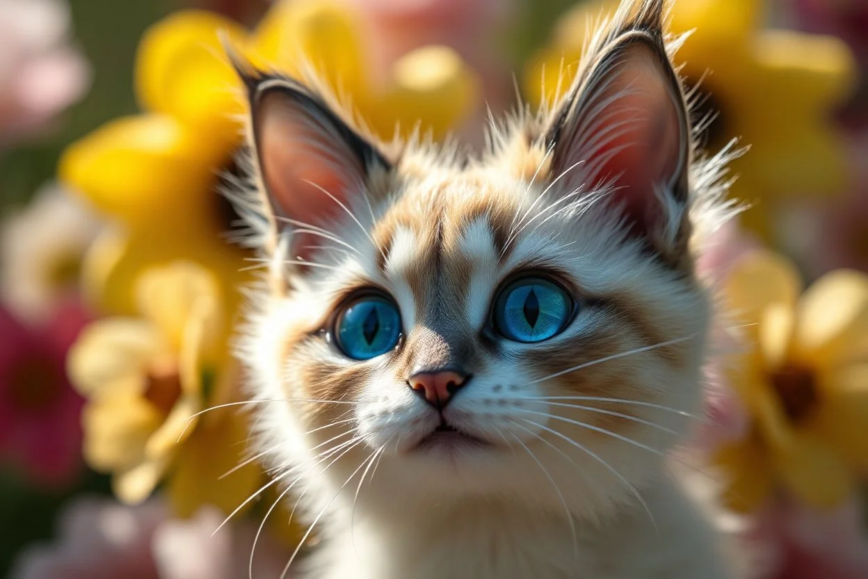 closeup, sharp focus, cute faced happy bioluminescent mohair fantasy steampunk animal cat creature, needle felt, big shiny blue eyes S<AI in sunshine, flower pattern background