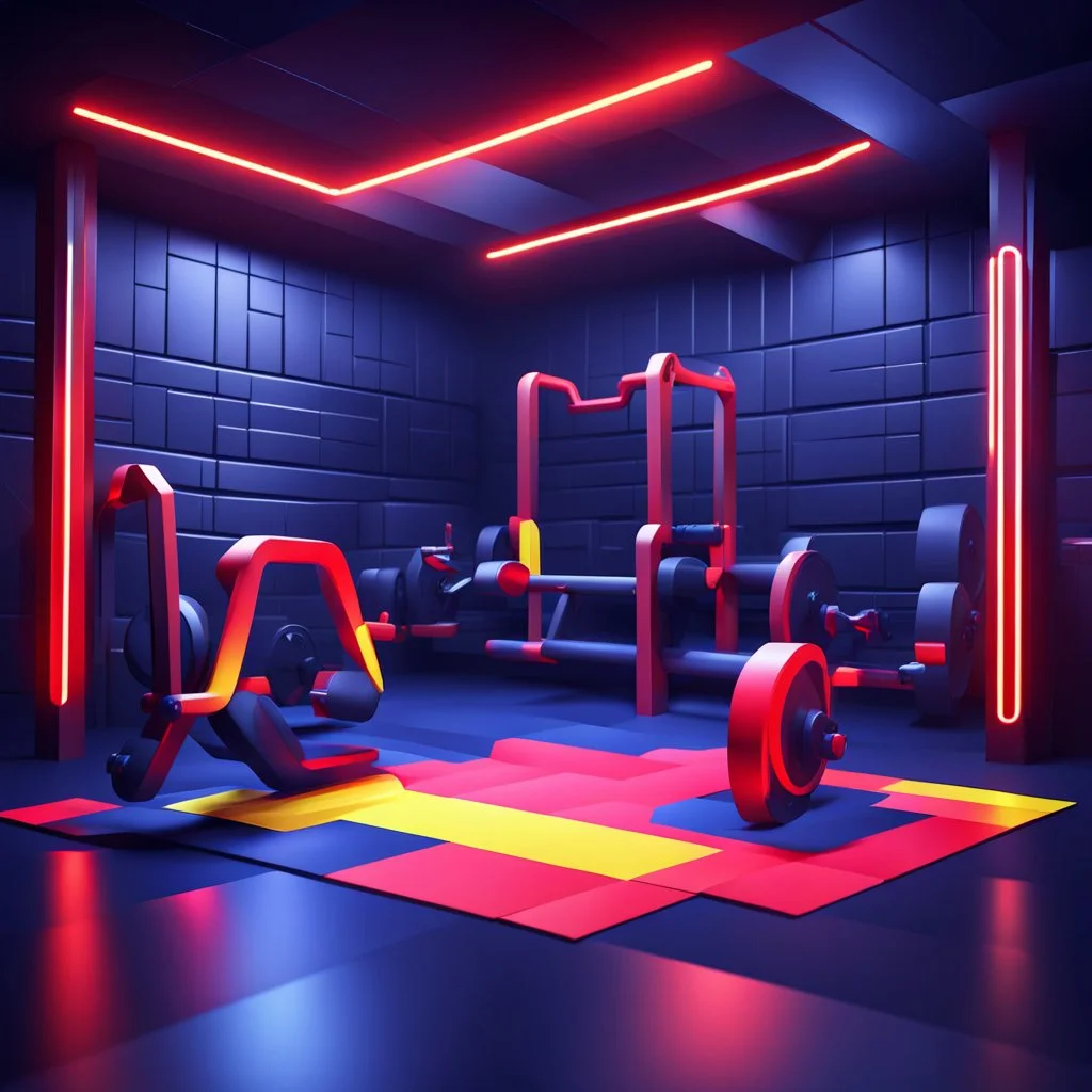 Hyper Realistic Low-Poly Gym & Fitness Background [With Navy-Blue Red & Yellow Neon Colors].