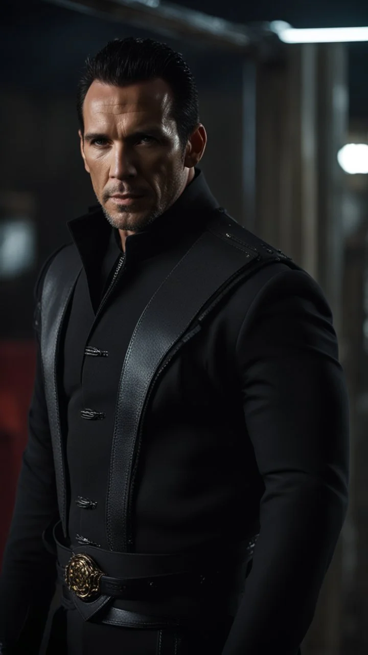 Jason David Frank as Alpha Marius wearing an open necked shirt and black jacket, but it’s his eyes that draw me in. Dark grey and stormy.