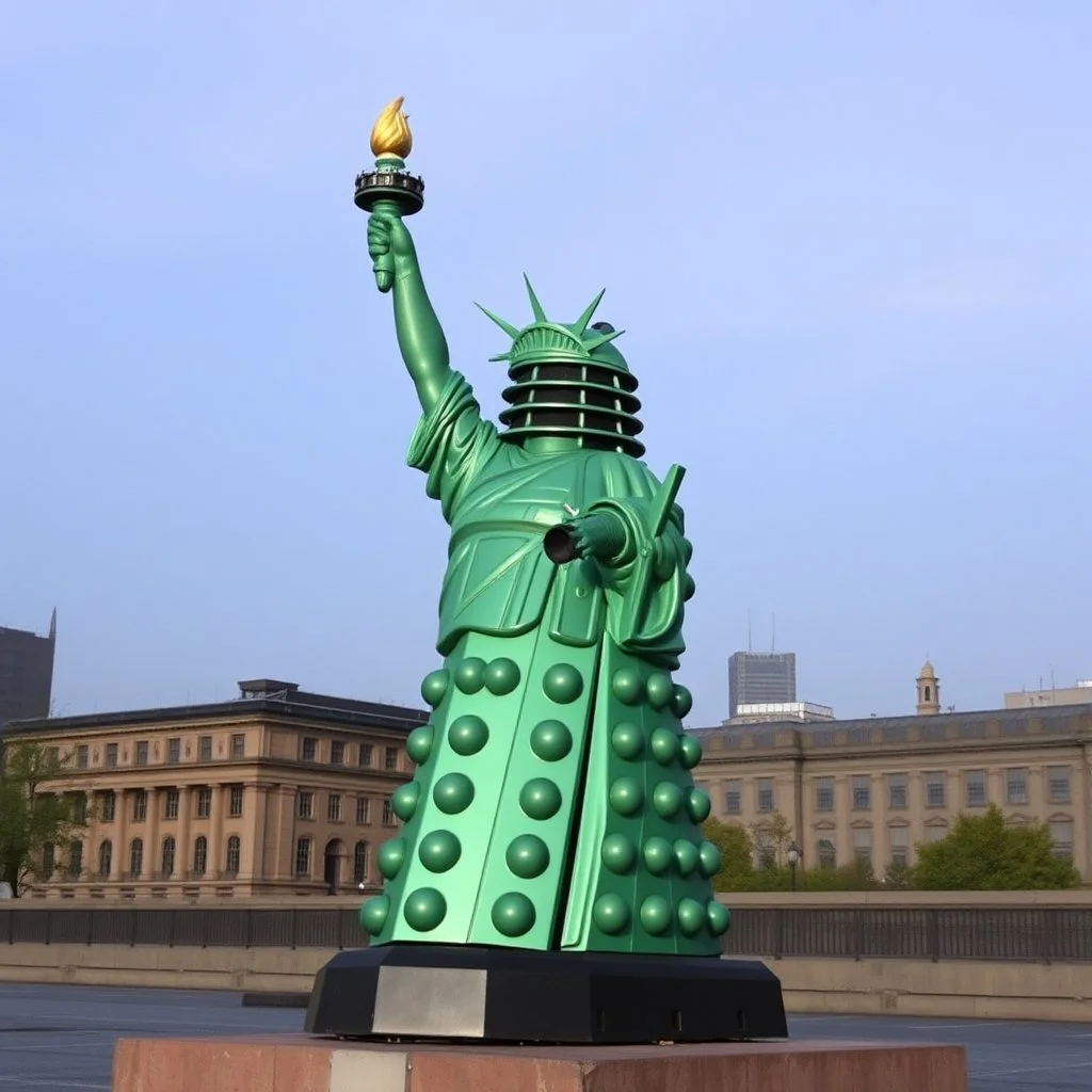 a Dalek dressed as the statue of liberty