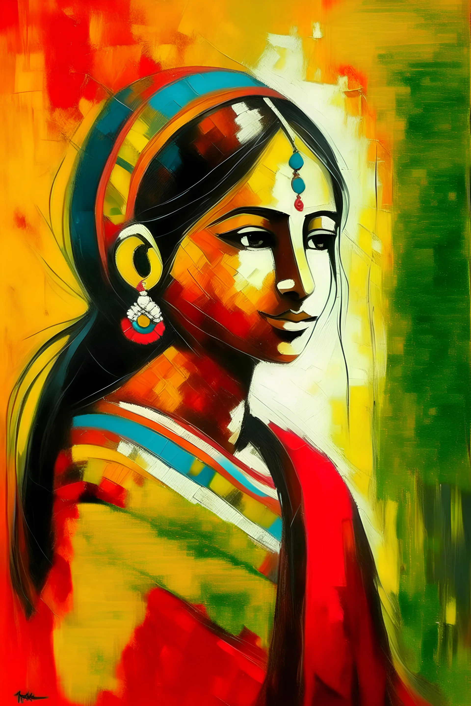 Acrylic painting abstract young india women single figure easy