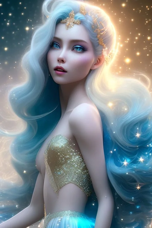 woman glitter blue fairy in a galactic ambiance, long blue hair, detailed gorgeous smile, delicate colors in the foreground, full of details, smooth, light effect，vaporwave colorful, smooth, extremely sharp detail, finely tuned detail, ultra high definition, 8 k, unreal engine 5, ultra sharpBeautyful smiling young woman, long hair amazing blue eyes, flowers, happy cosmic, bright colors, blue, pink, gold, jewels, realistic, photo real, clear sunny background, highly detailed, high contrast, 8k 