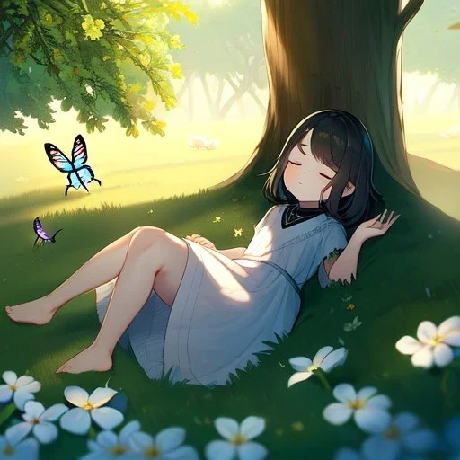 tiny anime girl sleeping in the distance, laying down in a field of flowers, underneath a willow tree, with a butterfly on her nose, hand detail looks human