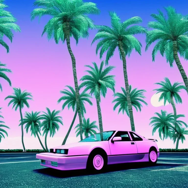 1980's aesthetic vaporwave palm trees with spheres and car