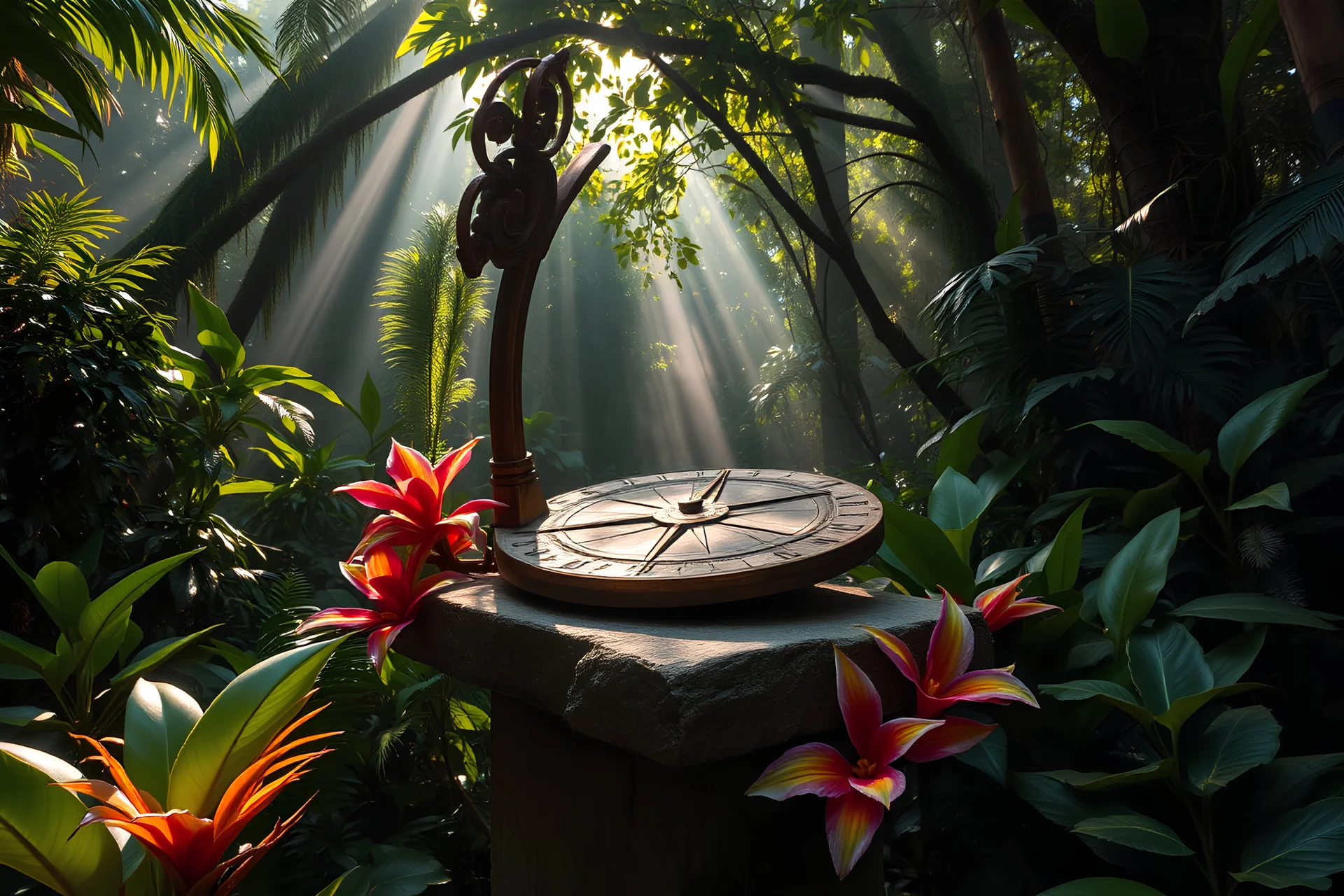 An ancient, weathered astrolabe resting atop a forgotten stone pedestal in a dense, overgrown jungle clearing. its brass surface tarnished with age. Shafts of dappled sunlight filter through the thick canopy above, Surrounding the pedestal, vibrant, exotic flora with iridescent petals and oversized leaves add to the mystical ambiance. The air is thick with humidity, and the distant calls of unseen creatures echo through the ancient jungle.