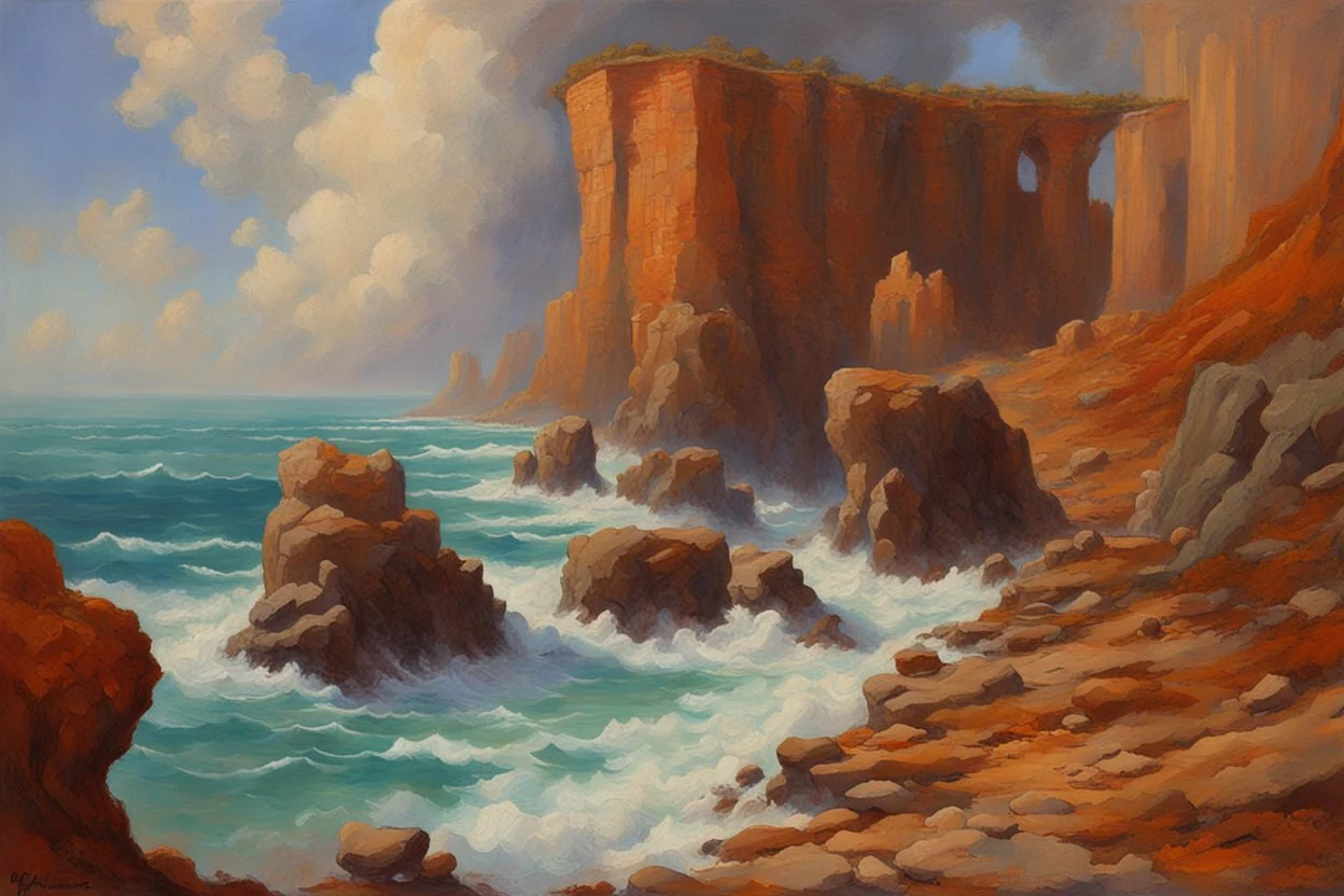 Clouds, rocks, cliffs, rocky land, sci-fi and fantasy, beyond and trascendent, 90's sci-fi movies influence, rodolphe wytsman impressionism paintings