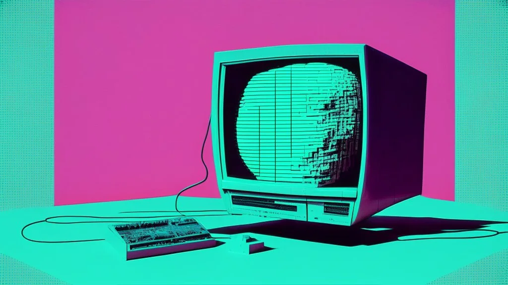 synth-wave, man no head, with monitor as head, iconic:1.8),
