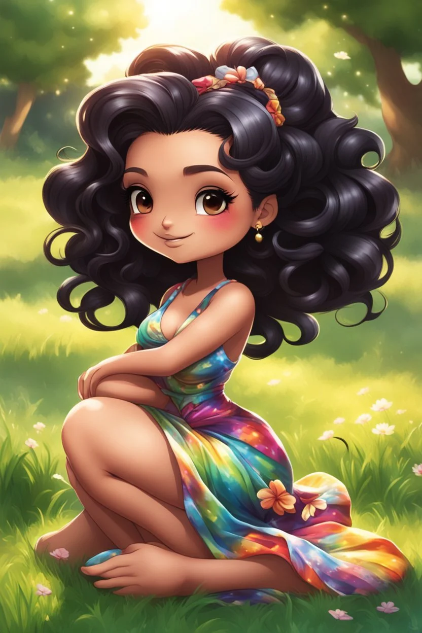 An airbrushed chibi black cartoon of a curvaceous woman with flowing black hair twisted up, wearing a colorful maxi dress. She sits relaxed on the grass facing the warm sunlight, which illuminates her face as she looks to the side with a small smile, accentuating her prominent makeup and brown eyes.