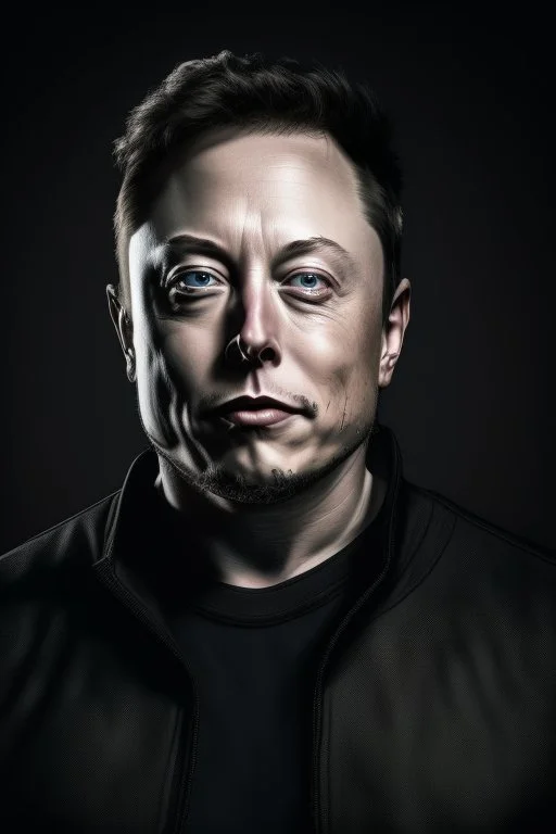 Portrait of Elon musk, scary cyborg face, metal plate checks and forehead, one red eye